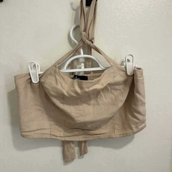 Lulus Double Digits Beige Linen Mini Skirt and halter top set - Picture 2 of 7